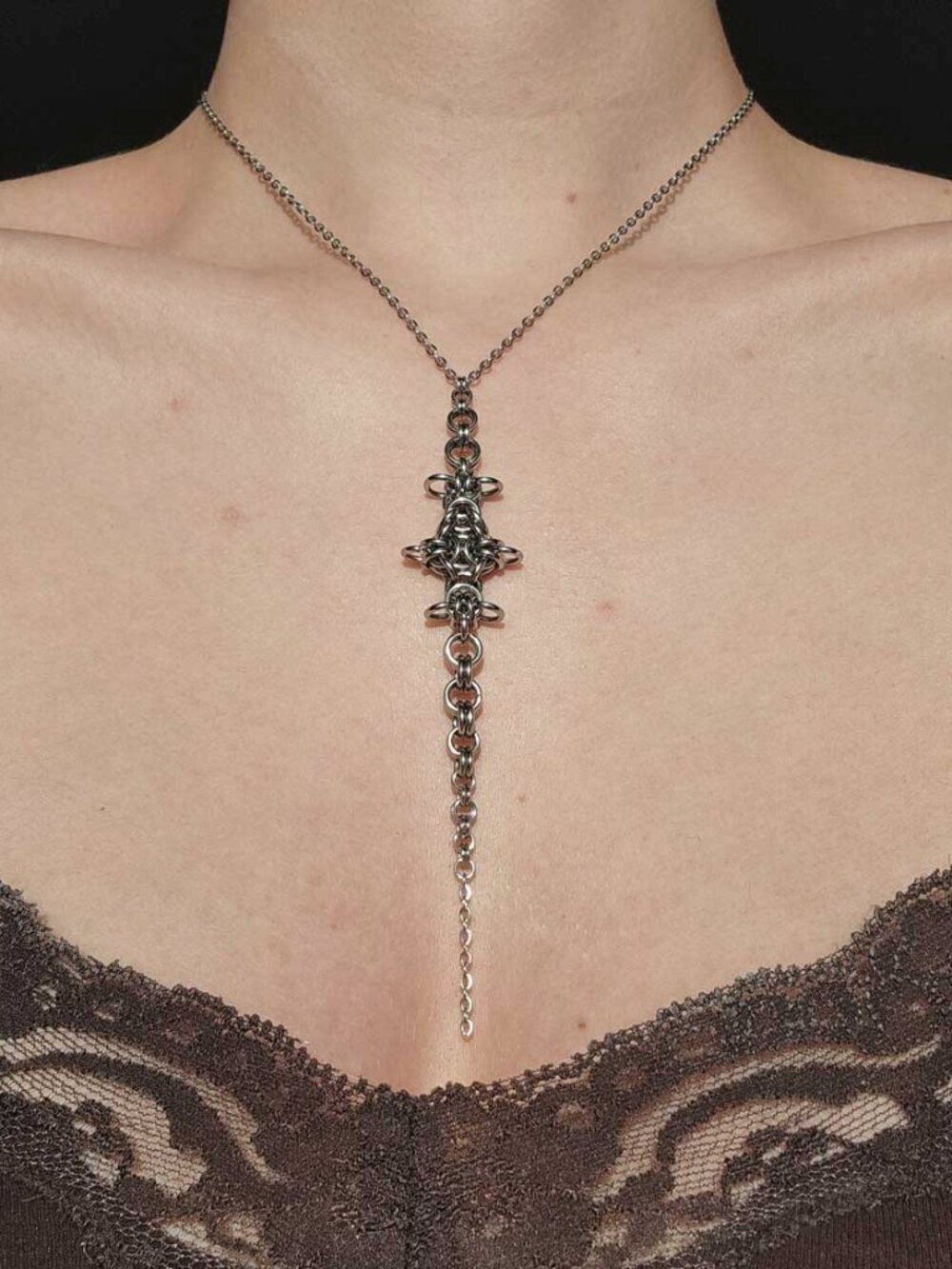 Gothic long silver rosary necklace ✦ Unique long medieval chainmaille necklace ✦